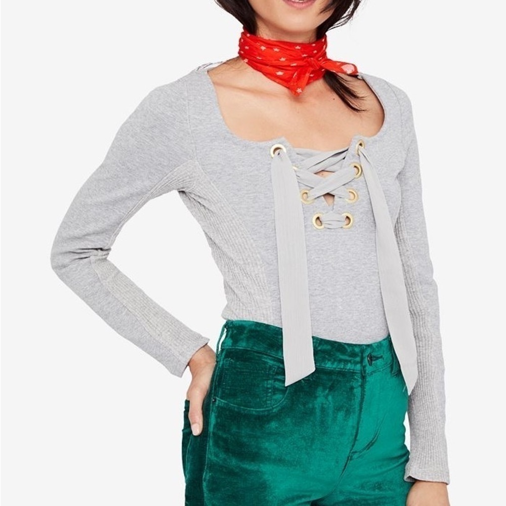 Free People Dove Gray Looking Back Lace Up Long Sleeve Top - Picture 16 of 16